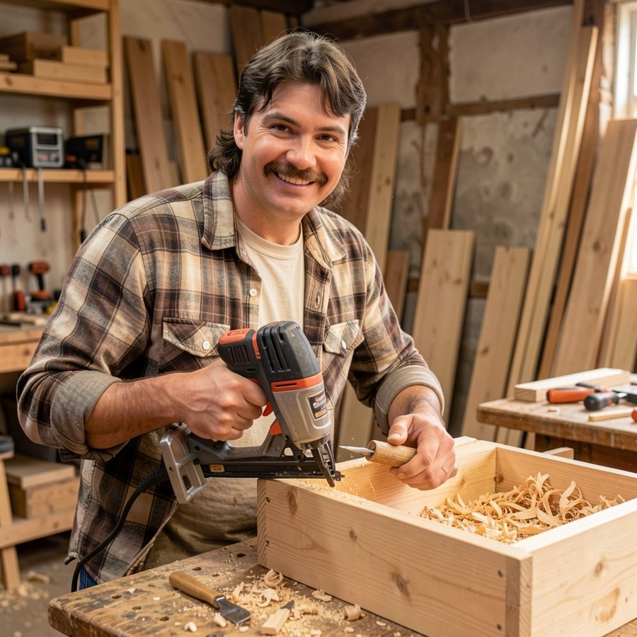 Cam in the ShoreLine Wood shop, assembling a cedar planter box