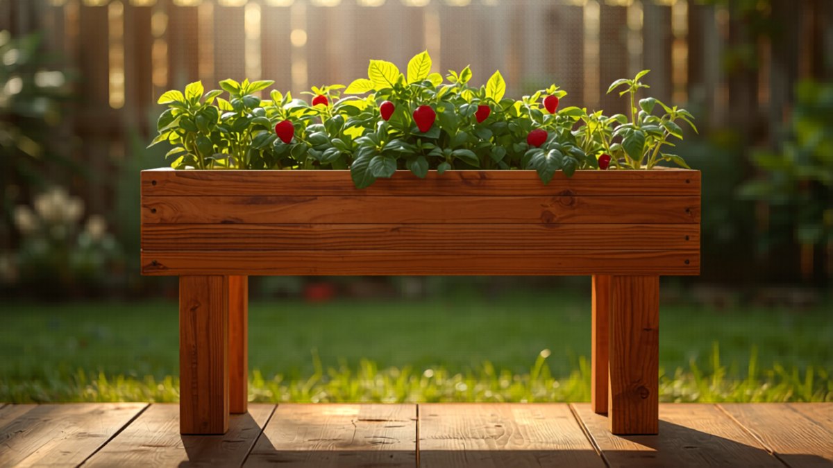 Elevated cedar garden planter with herbs and strawberries